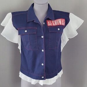 Navy Blue & White Ruffled Sleeve Button-Up Shirt with 'AS KNOW AS' Patch"